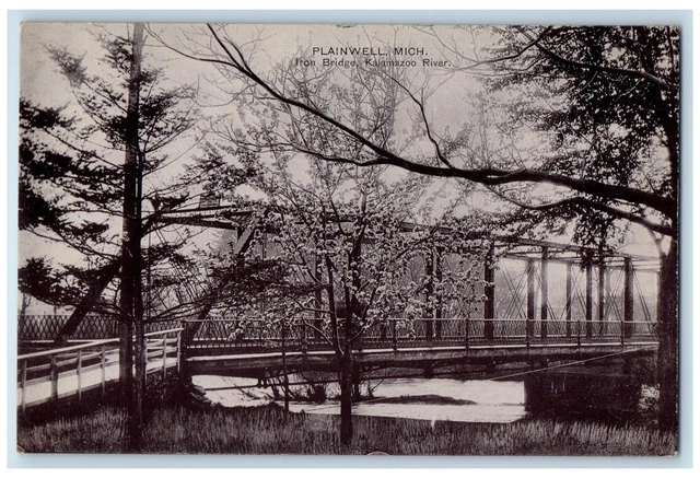 1934 Iron Bridge Trees Scene Kalamazoo River Michigan MI Posted Vintage Postcard