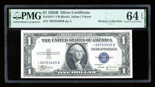 DBR $1 1935-B Silver Vinson STAR Fr. 1611* PMG 64 EPQ Serial *06763405B