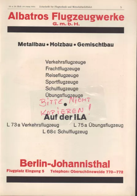 BERLIN-JOHANNISTHAL Werbung 1928, Albatros Flugzeug-Werke Flugzeuge ILA Motoren