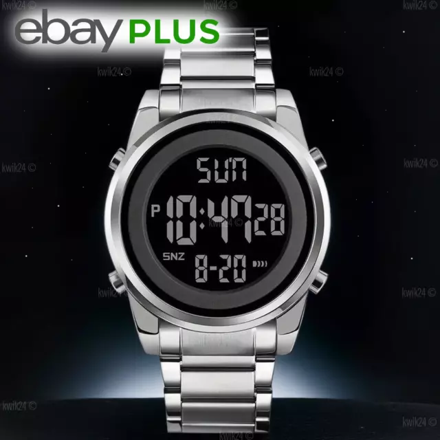 Digital Uhr Digitaluhr Armbanduhr Datum Unisex Wasserdicht LED Edelstahl Silber