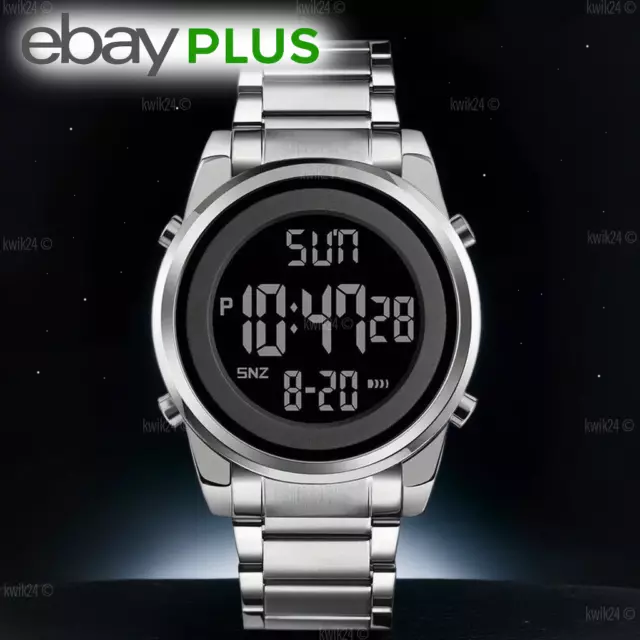 Digitaluhr Armbanduhr Datum Unisex Wasserdicht LED Edelstahl Digital Uhr Silber