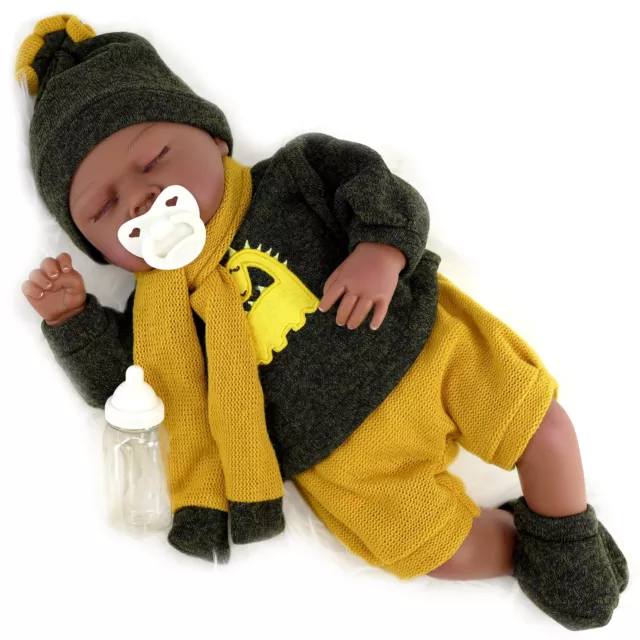 BiBi Doll 20" Black Baby Doll Ethnic Reborn Boy Sleeping Toy with Dummy & Bottle