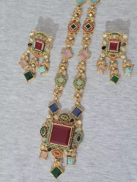 Indian Pakistani  Gold Long Mala Set Bridal/party Wear .Multi Coloured Stones.