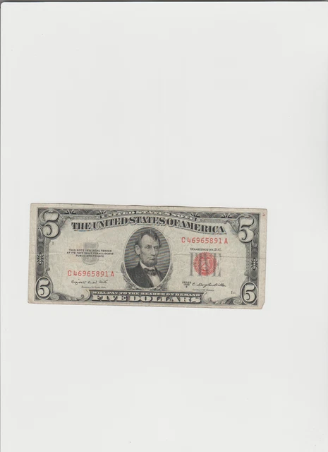 1953-B Five Dollar RED Seal Note United States Note Old US Bill $5 Average Circ