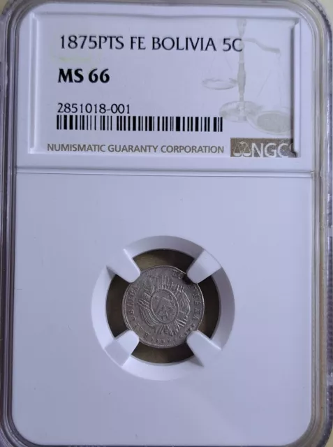 1875 Bolivia 5 Cents Silver NGC MS66 KM-156.1 Gem Uncirculated BU