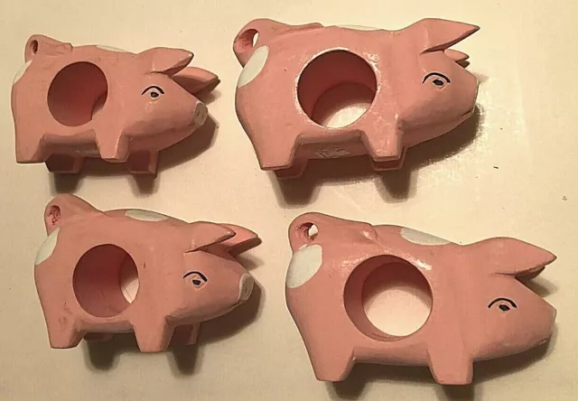 Lot of 4 Pink White Spots Pigs Piglets Wood Napkin Ring Holders 3.5" x 2" x 1.5"