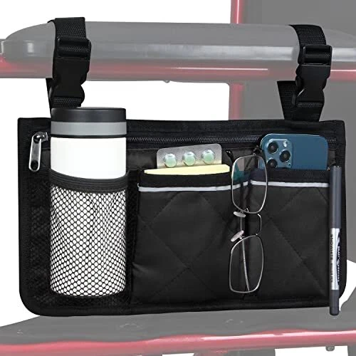Bolsa de almacenamiento organizadora lateral para silla de ruedas bolsa reposabrazos con portavasos y negra