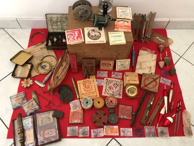 Lot De Pêche Ancien Dans Boîte En Bois - Moulinet, Plombs, Flotteurs Vintage - Occasion Fonctionnel