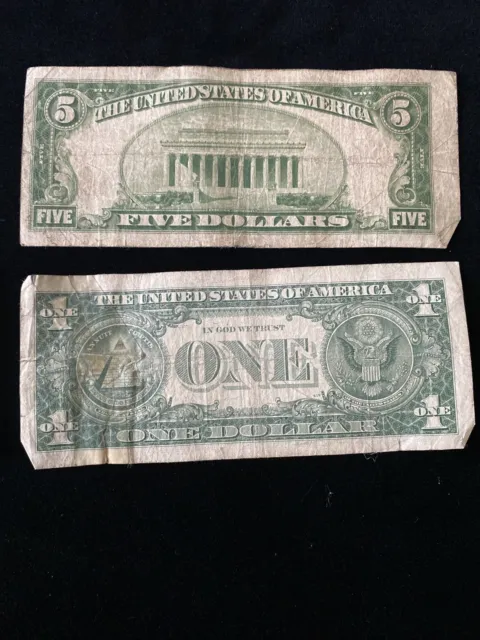 ✯RARE✯ Lot Pair $1 1935-1957, $5 1934 Blue Seal Silver Certificate Note Old Bill 6