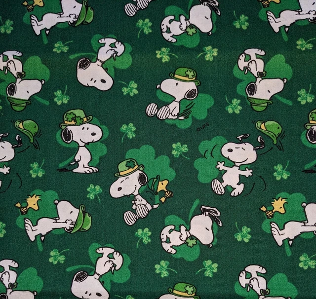 Vintage Peanuts Fabric Snoopy Shamrock St. Patricks Day Green Cotton Remnant