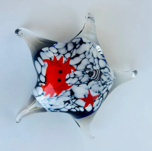 Blue Star Fish Paperweight with a Red Crab inside, Beach house decor, nautical