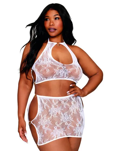 Ensemble 2 pièces grande taille top et jupe en résille fantaisie blanche - DG133