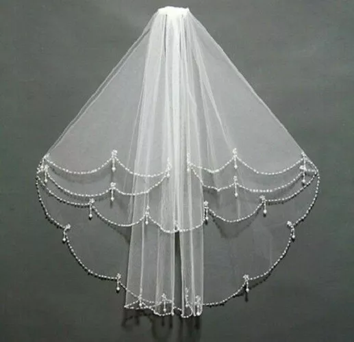 New 2 Layer White/Ivory Elbow Length Beads Edge Wedding Bridal Veil + Comb