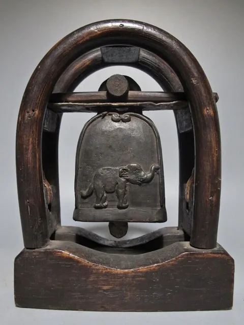 Antique Bronze Bell 'Elephant Figure' on Deer Skinl Teak Wood Stand 7"