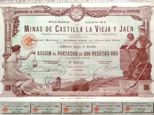 Minas De Castilla La Vieja Y Jaén - Accion 500 Pesetas 1902 - Spanien/Spanien
