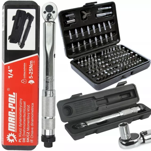 Kleine Drehmomentschlüssel 1/4" Zoll 5-25Nm + 100tlg Bitssatz Bits