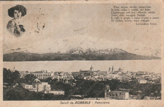 1928 Saluti da ACIREALE Panorama Etna LIONARDO VIGO poesia Catania Cartolina