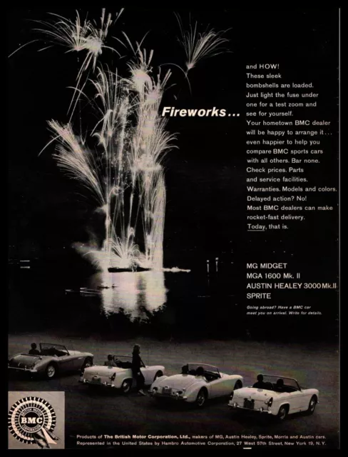 1962 MG Midget MGA 1600 Mk II Austin Healey 3000 Sprite BMC "Fireworks" Print Ad