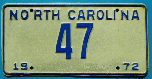 NORTH CAROLINA License Plate 1972 - 2-Digit Low Number 47