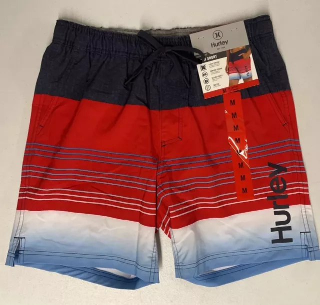 HURLEY Swim Shorts Mens MEDIUM Striped RED/BLUE Lined 7.5 INSEAM Trunks Stretch