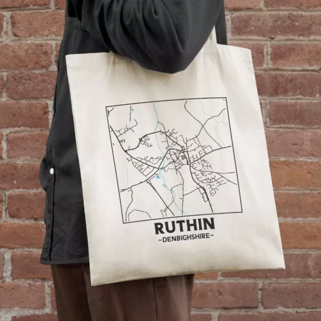 Ruthin, Denbighshire, Wales Town Map Cotton Shopper Tote Bag