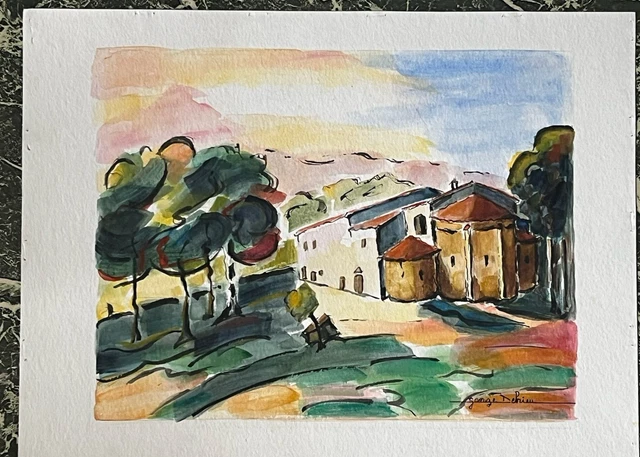 Ecole de Montmorillon Paysage Village au Pont Huile signée Raoul Eteve 1902-1967