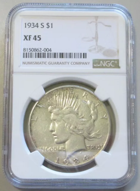 $1 Key Date 1934 S Peace Silver Dollar Ngc Xf 45 Code004