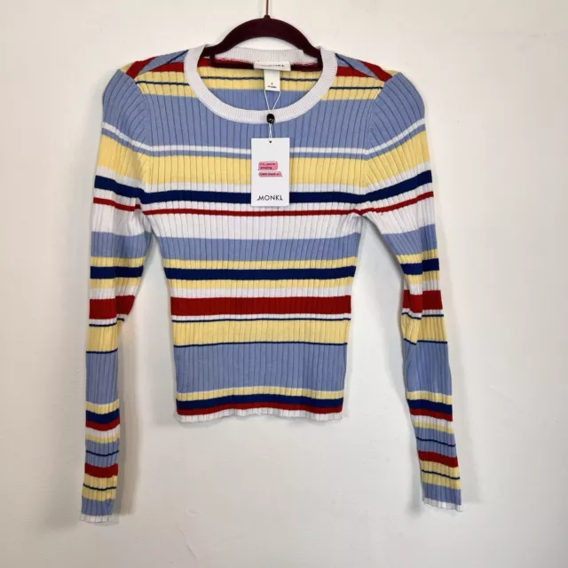MONKI RIBBED KNIT Jumper Blue Yellow Red Stripe Long Sleeve UK Size S 14.99 PicClick UK
