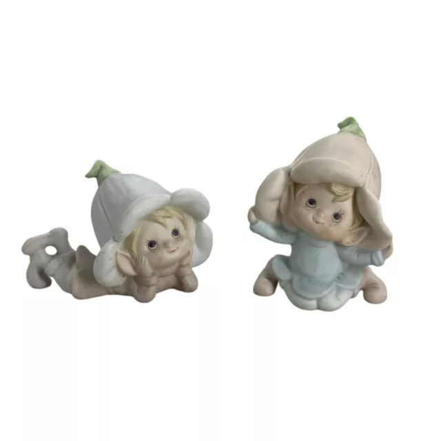 Vtg HOMCO Tulip Pixie Fairy Elf Figurines 5615 Ceramic Decor Flower Lot of 2