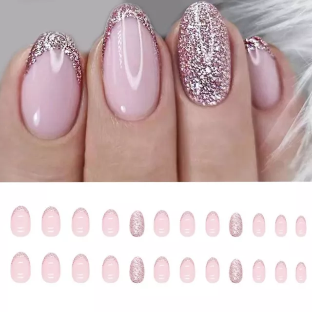 24pcs Nail Tips Full Cover DIY Press on Nails Oval Long French Pink Fake Nails