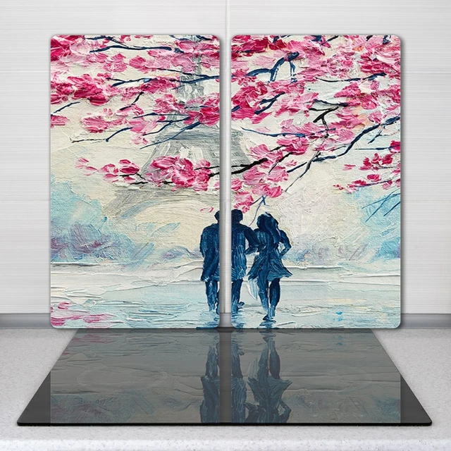 Planche à Découper En Verre Trempé 'Couple Paris Tour Eiffel' - 2x30x52cm, Peinture à L'Huile