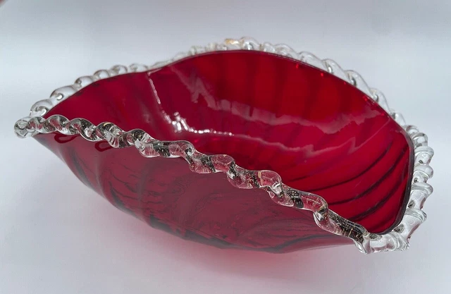 Stunning Victorian Ruby Red  Glass Vase / Bowl  - Good Clear Glass Frilled Rim