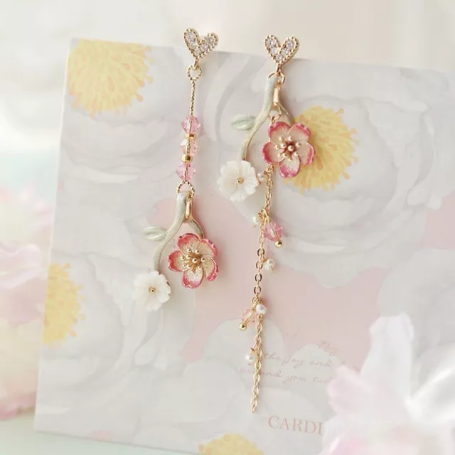 Japanese sakura earrings long dangling pink heart cute birthday gift for her NEW