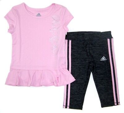 ADIDAS Little Girls 2 Pc Shirt & Capri Leggings Set NWT Size 4    Pink Gray