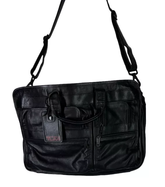 Tumi Black Napa Leather Expandable Crossbody Messenger Briefcase Bag Computer