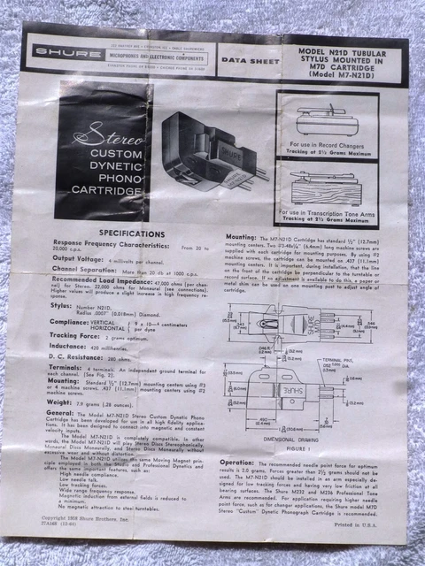 1958 SHURE M7D N21 Stereo CARTRIDGE Specifications Installation Turntable