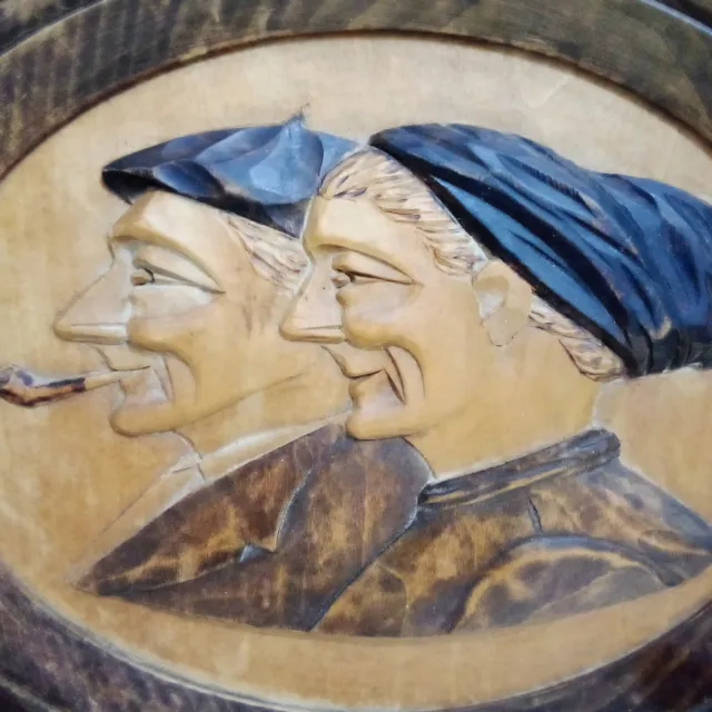 Vintage Wooden Plate Plaque Hand Carved Wall Hanging French Art Farmer & Wife 9" 3