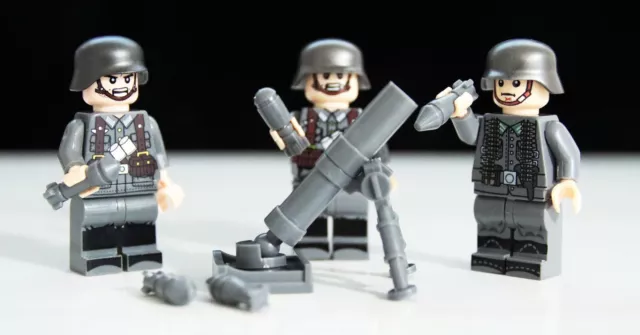 Set of 3 WW2 Unbranded Germany Infantry Soldier Minifigures & Mortar Gun MC 01