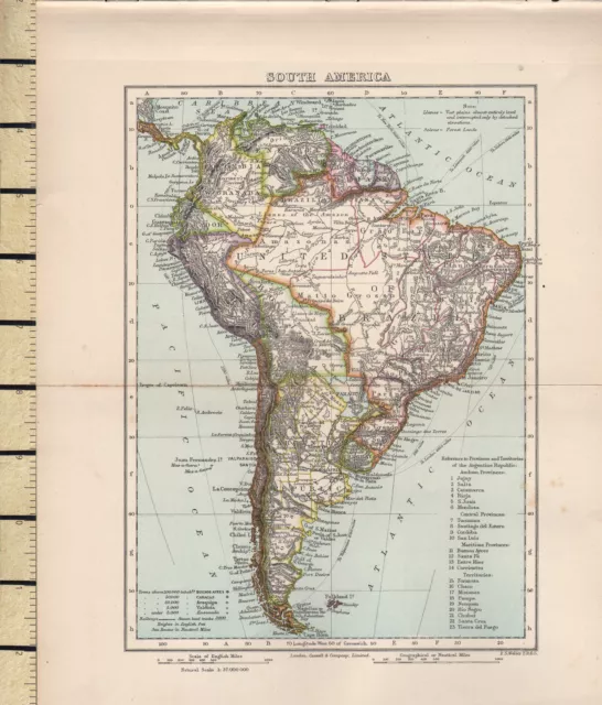 c1880 VICTORIAN MAP ~ SOUTH AMERICA ~ WITH ARGENTINE REPUBLIC PROVINCES