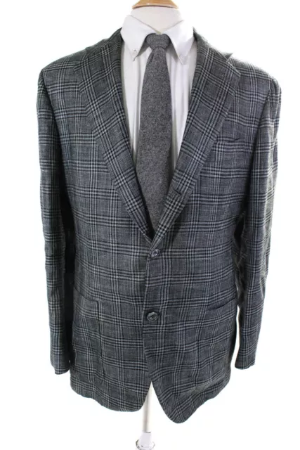 Kiton Mens Cashmere Knit Plaid Print Two Button Blazer Jacket Gray Black Size 54