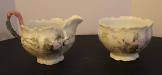 Limoges France Porcelain SUGAR BOWL AND CREAMER Set Pink and Green Beautiful