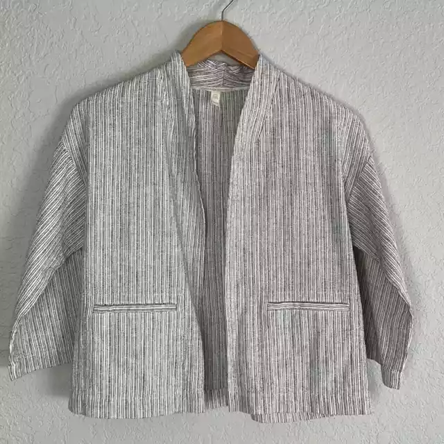 Eileen Fisher Organic Linen Stripe Blazer Open Front Small Petite