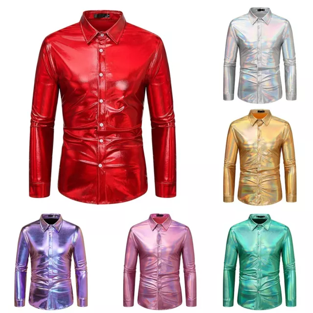 Top Men Shirt Attractive Button Down Disco Gold/Silver/Pink Long Sleeve Party