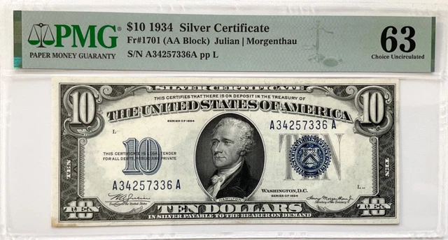 1934 (10 Dollars) Fr#1701 Silver Certificate PMG 63 Choice Uncirculated