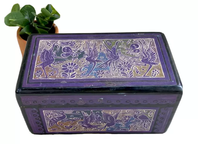 Vintage Hand Carved Lacquer Box, Olinala Mexico - Birds, Flowers, Butterflies