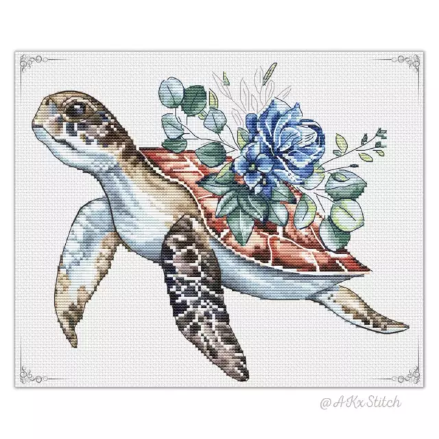 Sea Turtle Cross Stitch Kit, DMC Threads, Aida, Printed Pattern Chart, Nautical