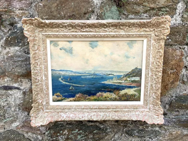 Vintage Oil Painting, HMS Anson in Plymouth Sound by W.T Brocklebank (1945)