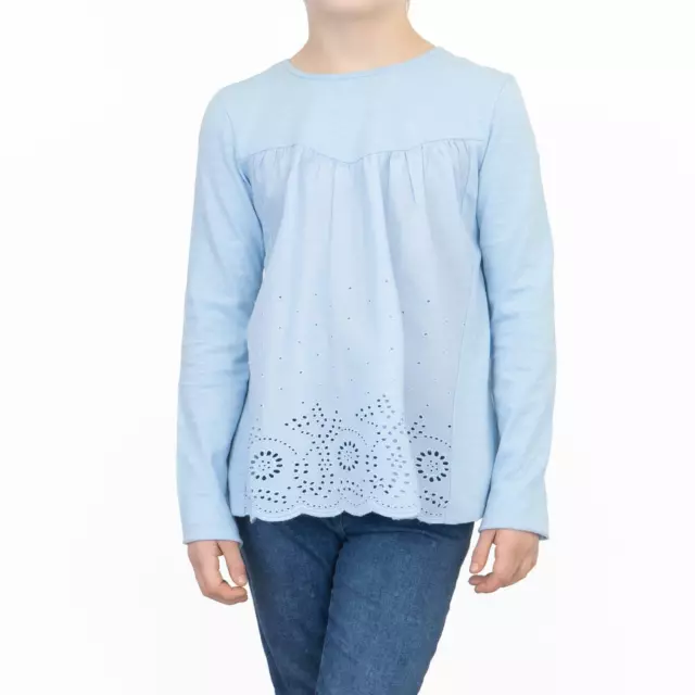 Next Girls Long Sleeve Blue Embroidered Cotton Top Ruffle Round Neck Cotton