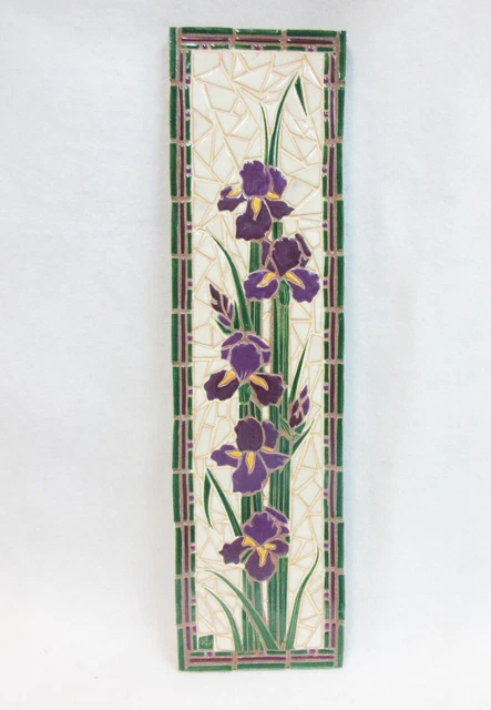 Purple Iris Mosaic Wall Art, Handmade Ceramic Tile Decor, 23" x 6.5"