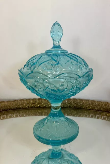 Fenton Aqua Blue Lily Of The  Valley Covered Pedestal Compote